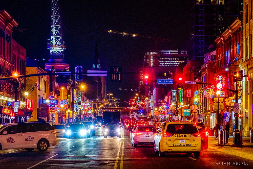 Lower Broadway Nashville — honky-tonks and live music venues lit up at night