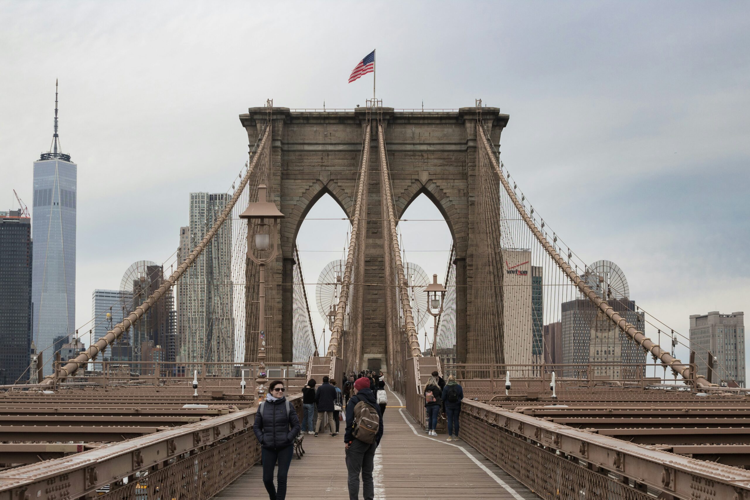 Brooklyn Bridge pedestrian walkway looking toward the Manhattan skyline