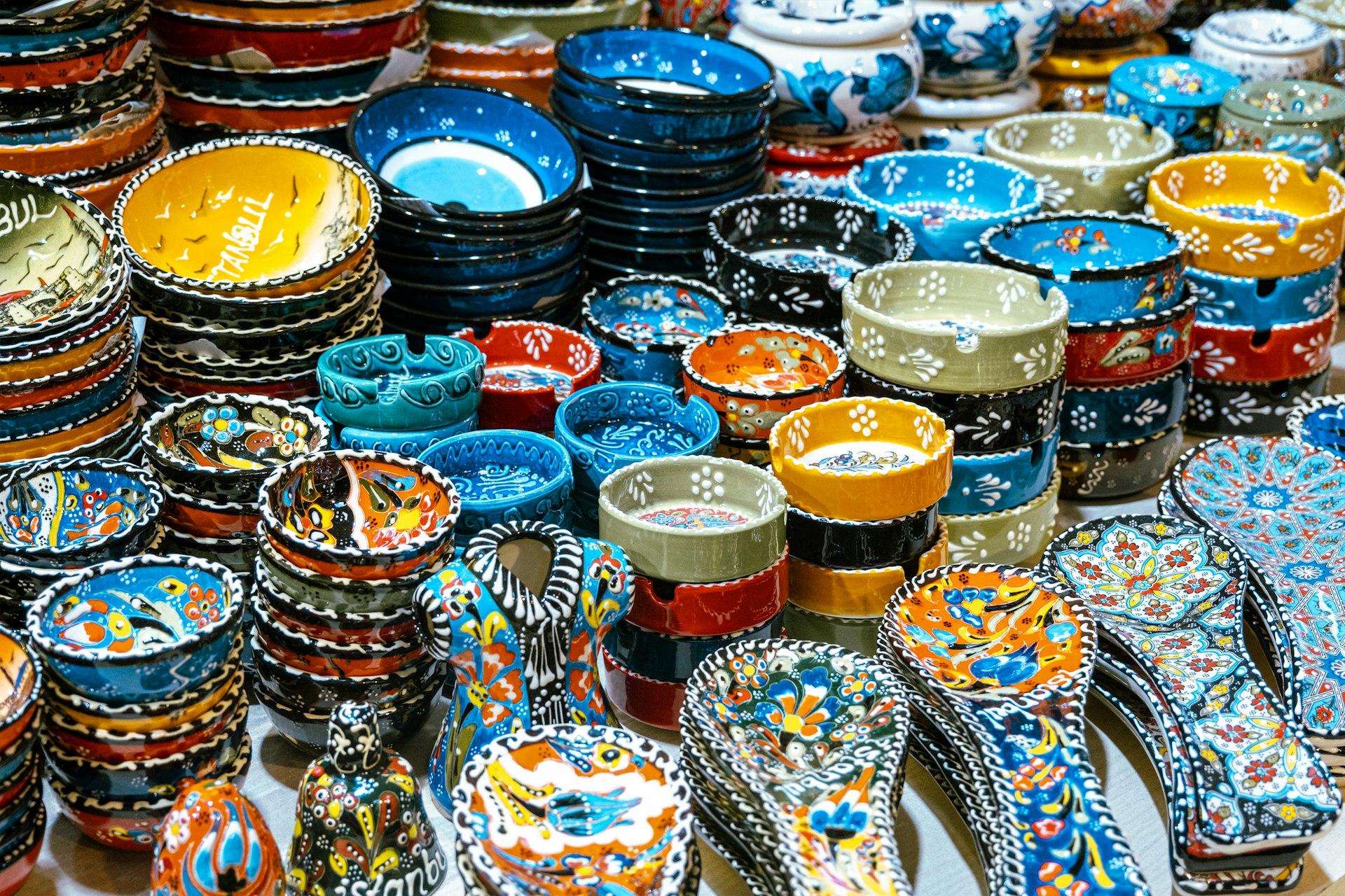 Colourful plates and ceramics on display inside the Grand Bazaar, Istanbul