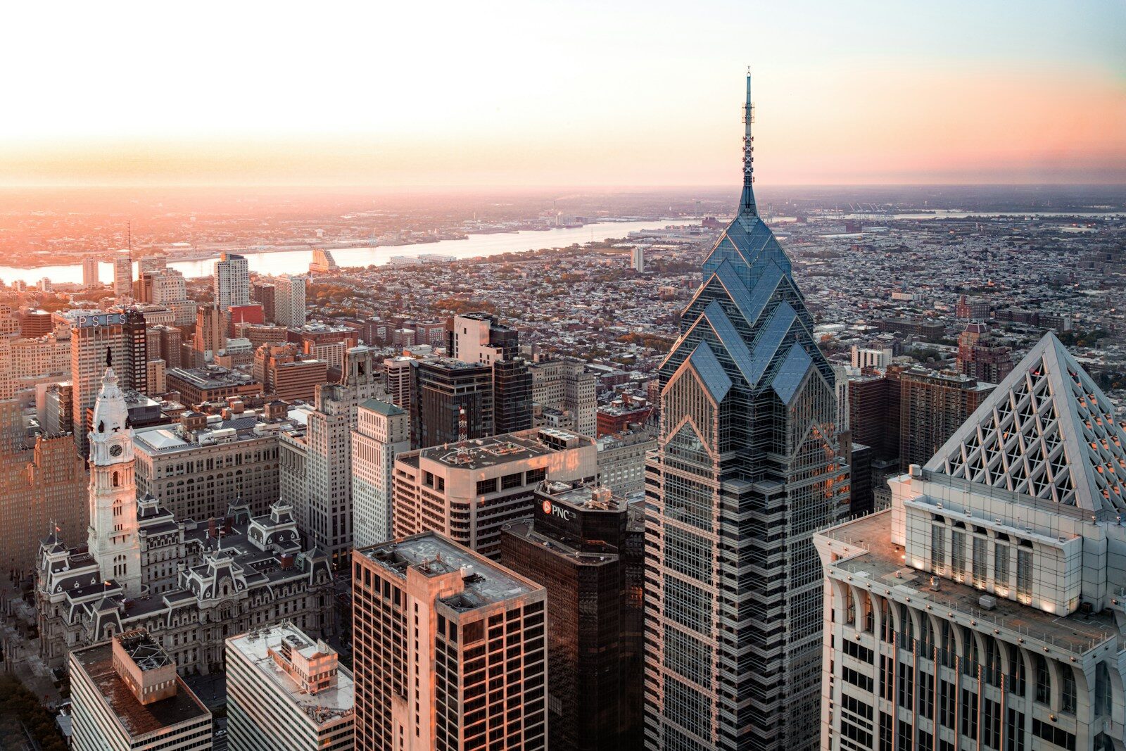 Philadelphia skyline and Delaware River waterfront from the air