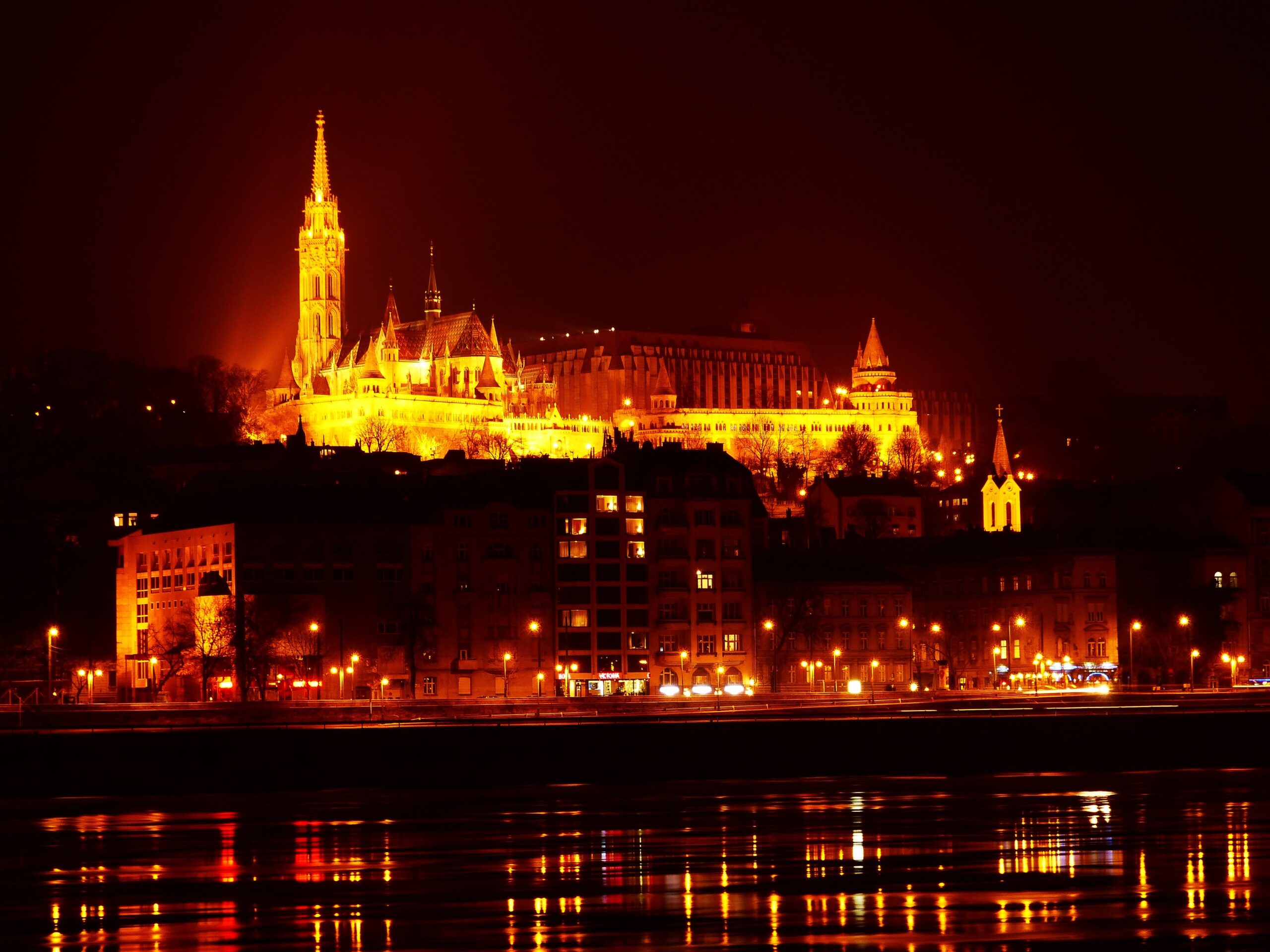 Fisherman's Bastion towers overlooking the Danube and Budapest Parliament, Hungary