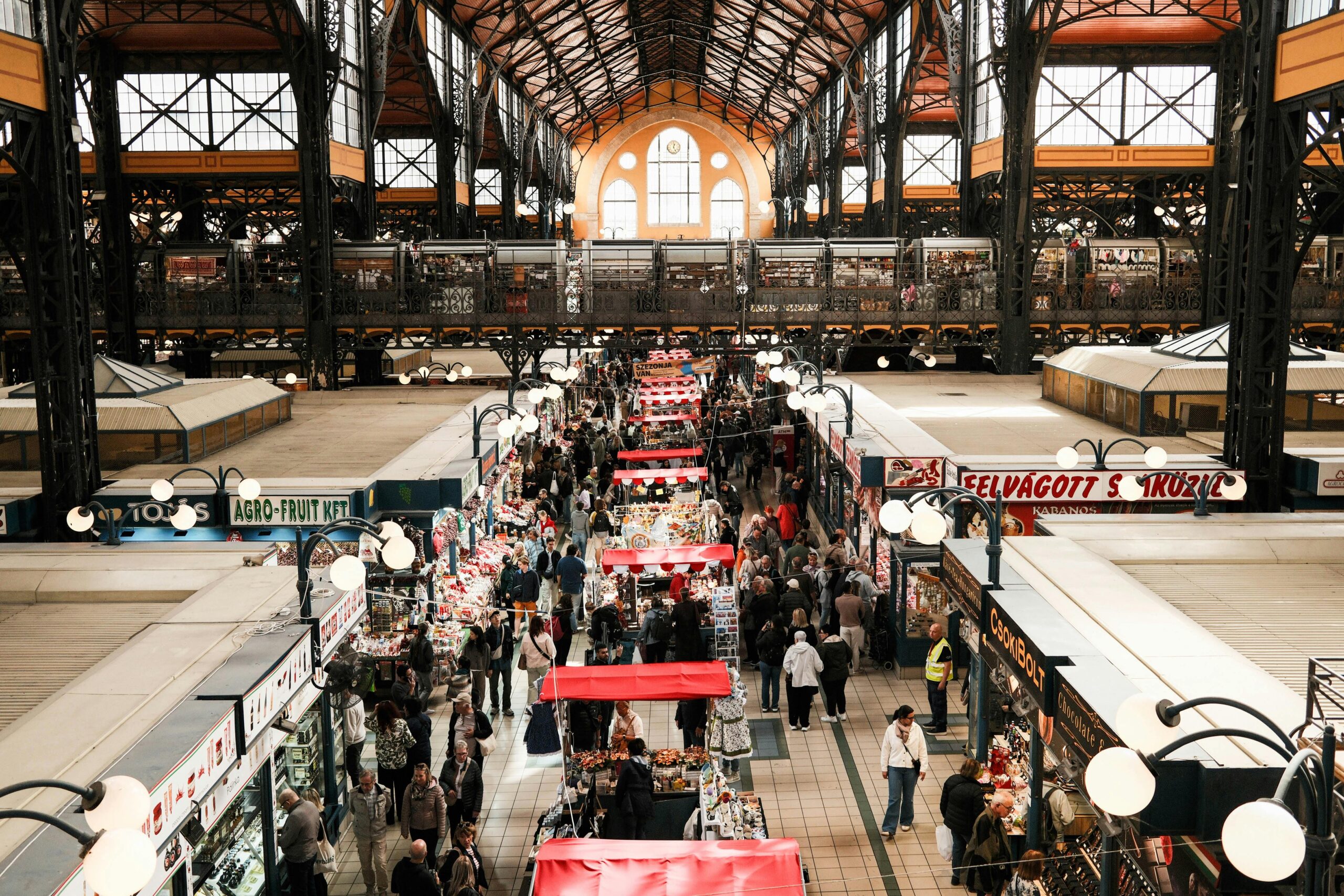 Great Market Hall interior, Budapest — iron and glass ceiling with colourful produce stalls and crowds below